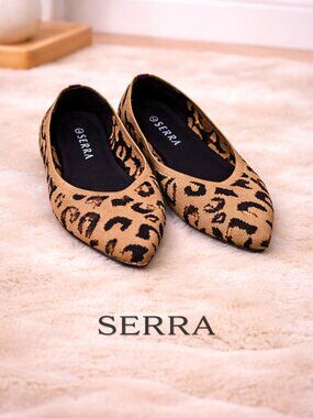 Serra Leopard Print Flats Size 7 Pointed Toe Tan Brown Slip On